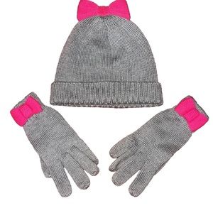Kate Spade NY Colorblock Bow Hat &  Gloves Set Heather Grey Girl Sz S/M (7-10Y)